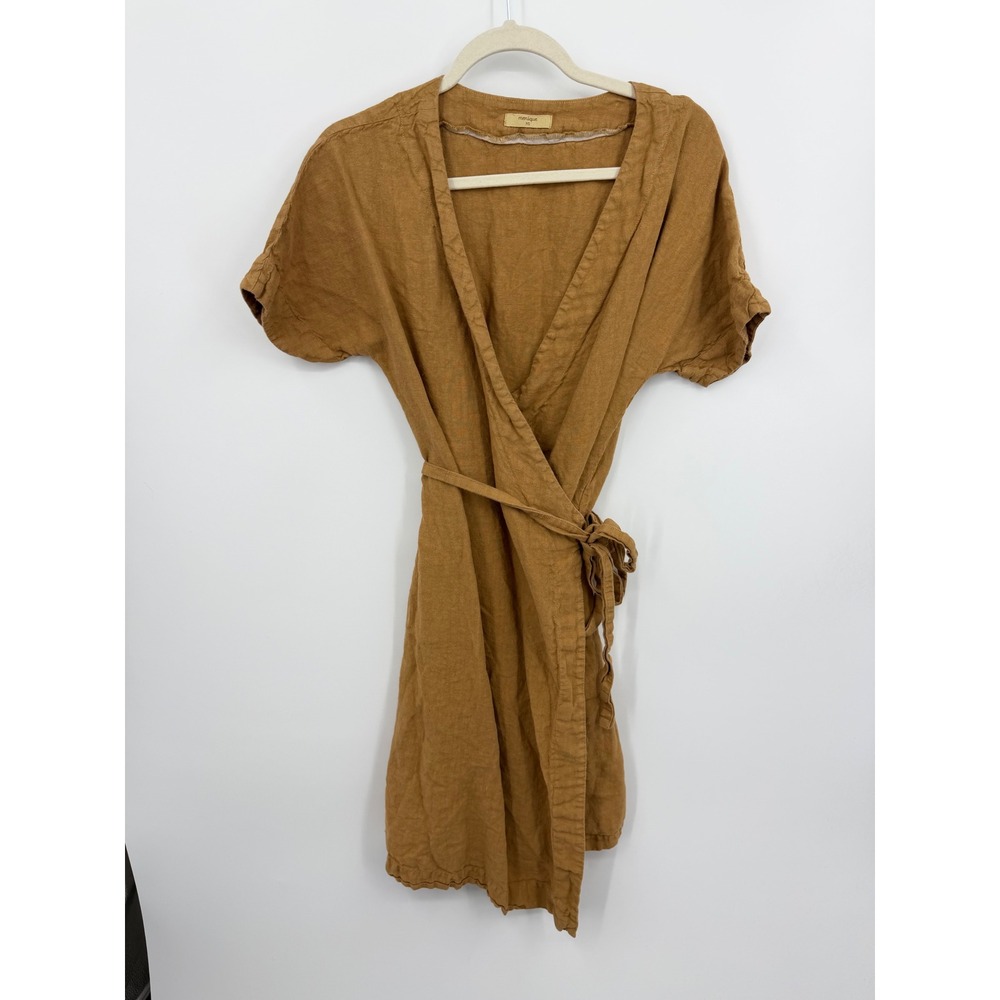 Menique Linen Wrap Dress Womens XS Brown Short Sleeve V-Neck‎ Tie Waist Mini